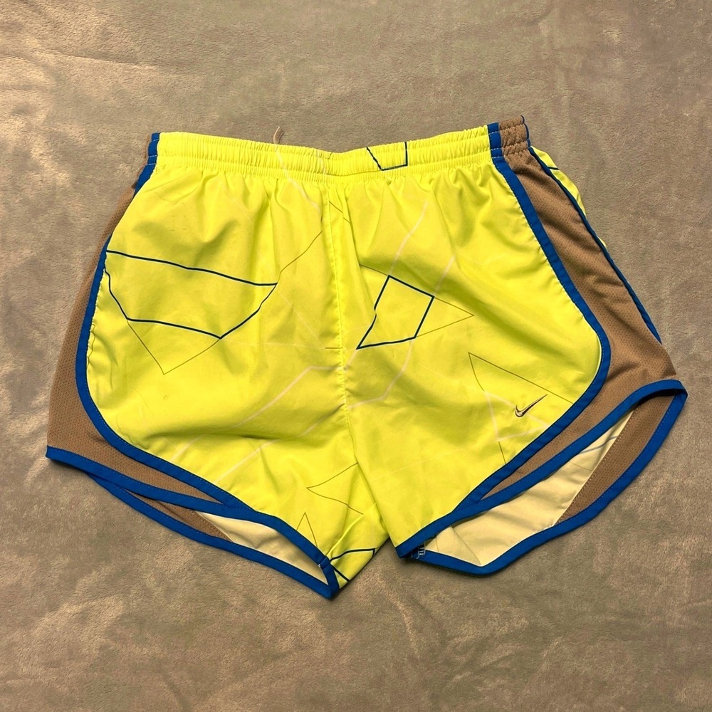 Nike Dri-FIT Womens Running Shorts Athletic Neon Geo Print Blue Trim Size S